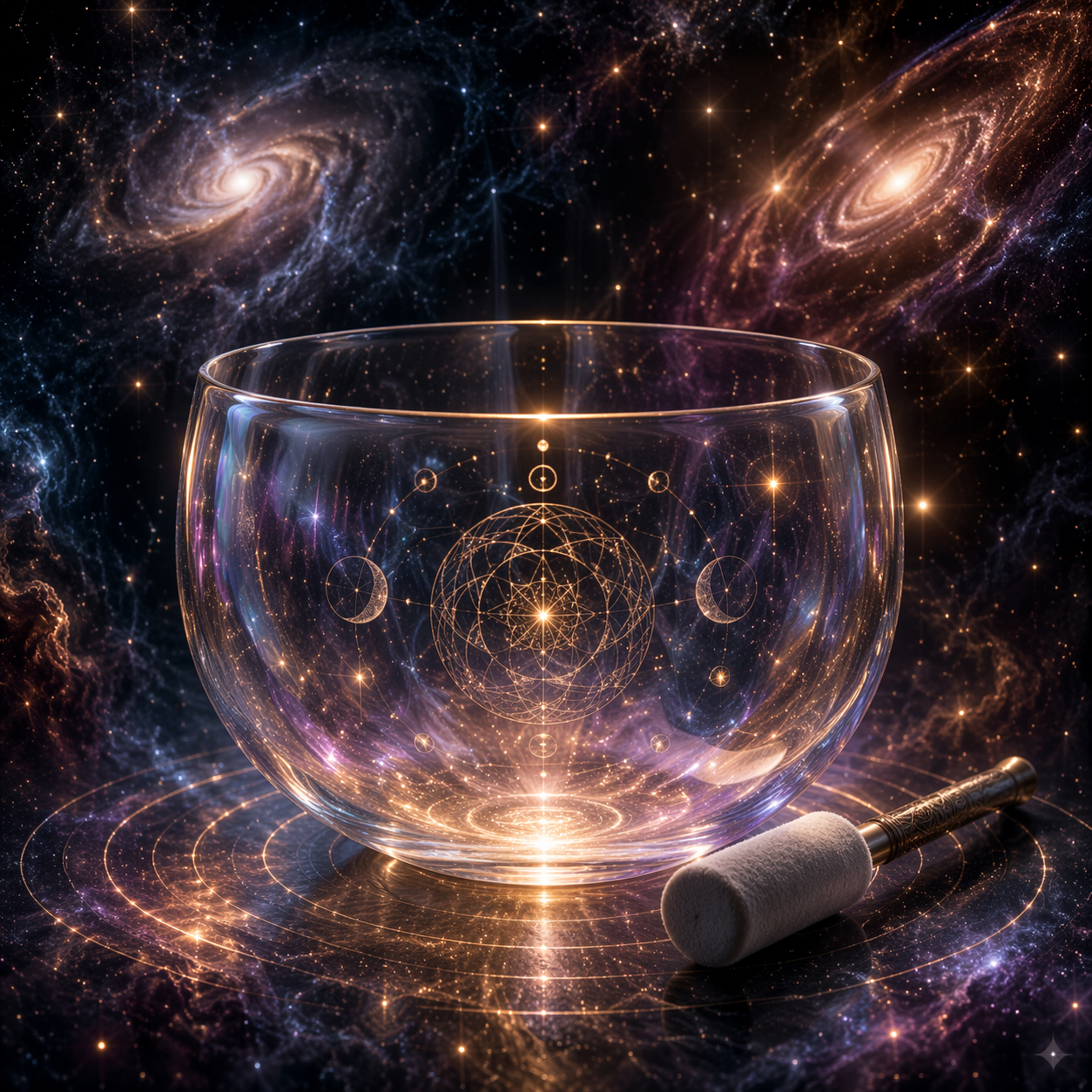 Transparent crystal singing bowl with sacred geometry and a mallet