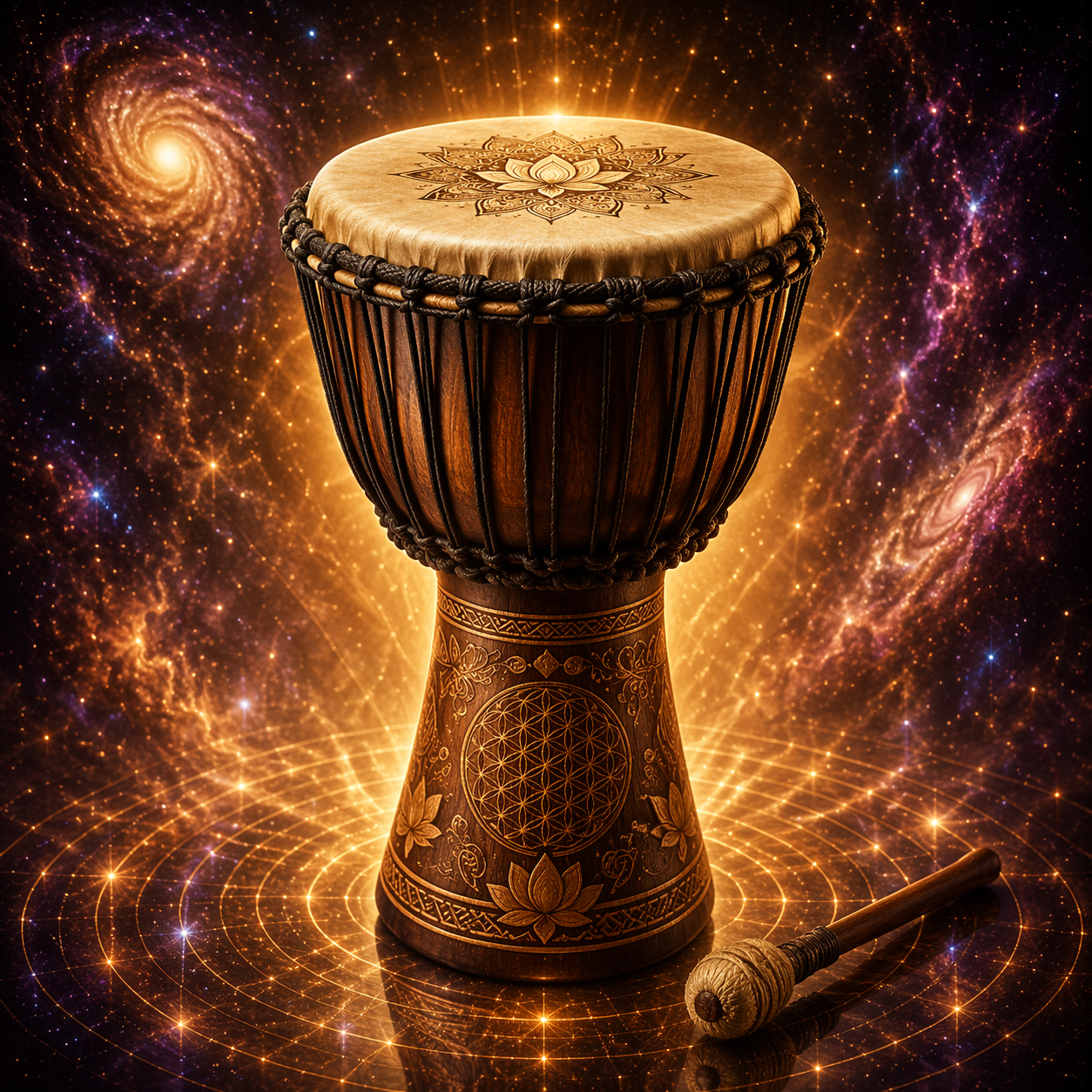 Carved wooden djembe drum with lotus mandala on its head