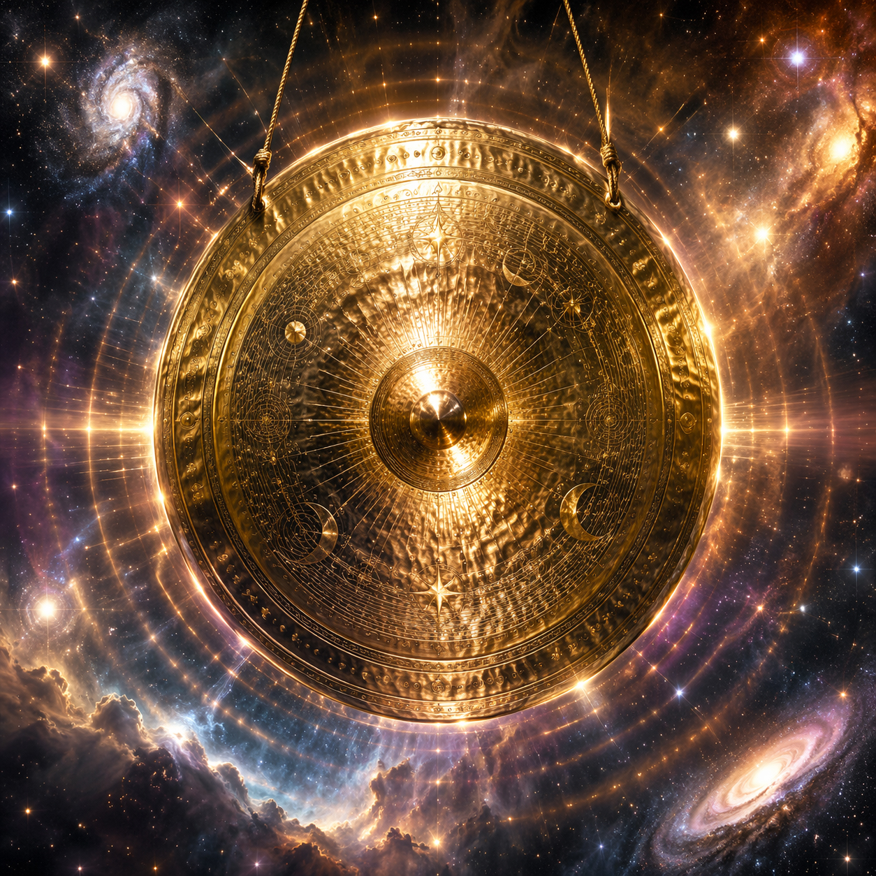 Golden gong engraved with celestial symbols