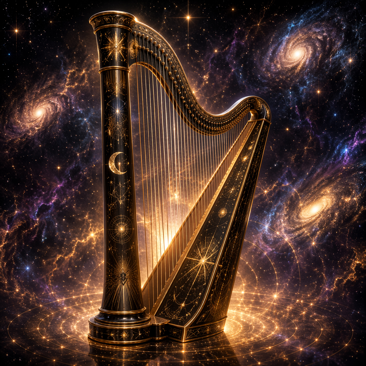 Black and gold celestial harp engraved with stars and moons, standing in space
