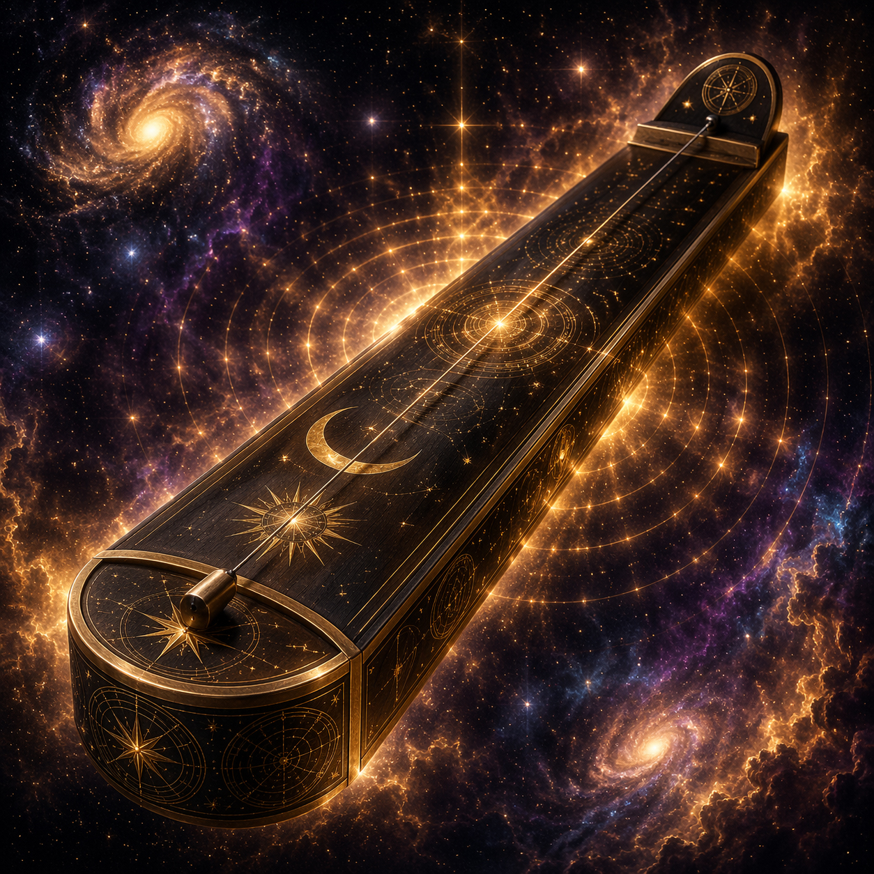 Long black monochord engraved with moons and stars, floating in space