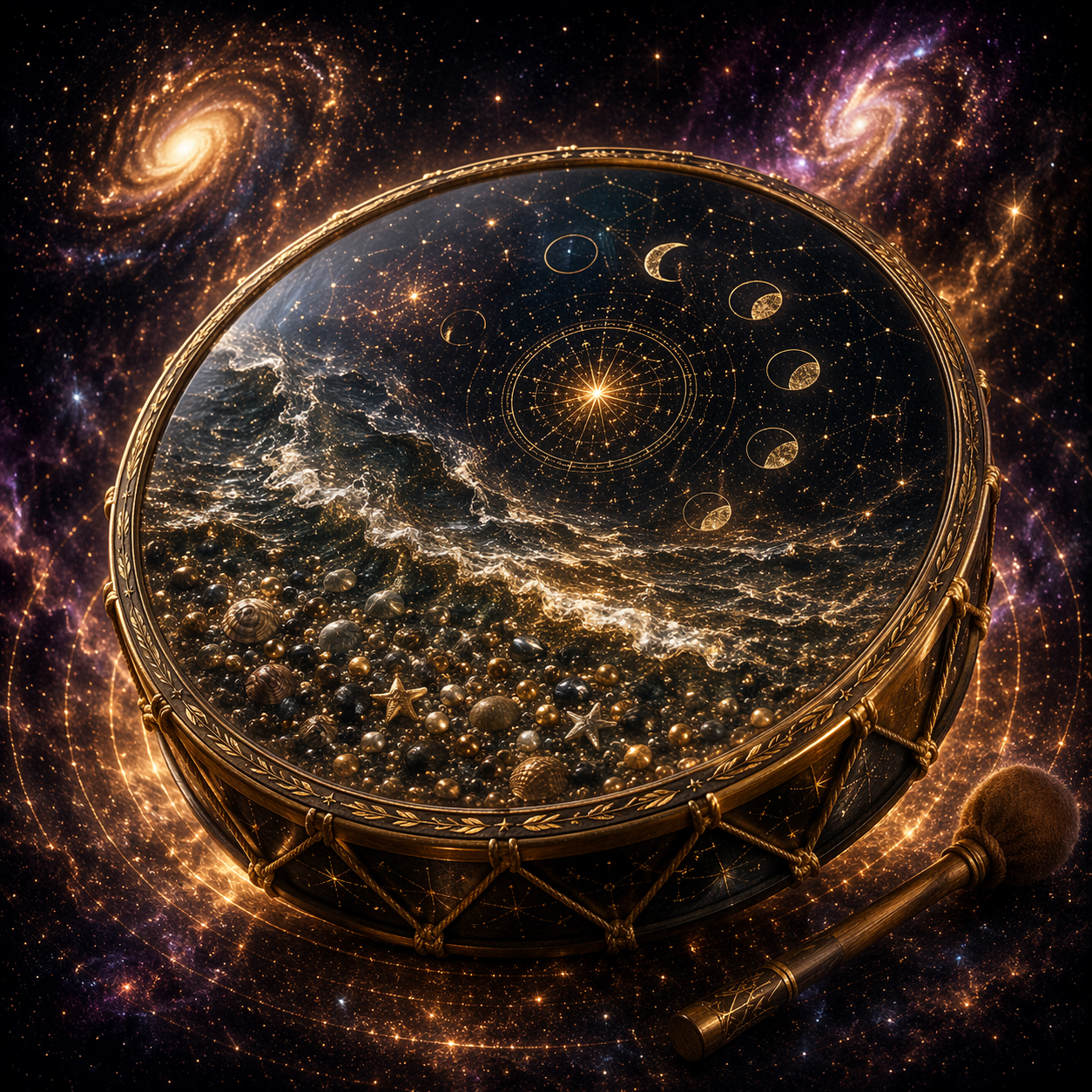 Ocean drum filled with beads forming a golden sea under moon phases