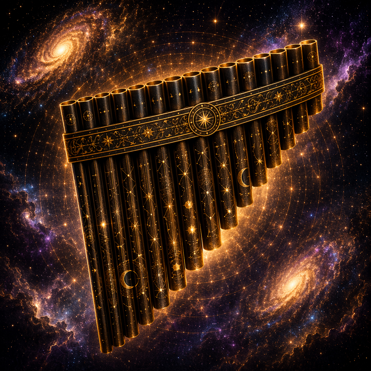 Black pan flute with golden celestial engravings on its pipes