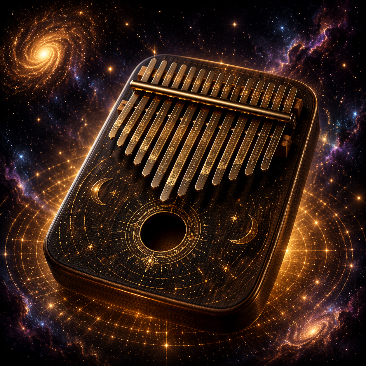 Dark kalimba sansula with golden engraved tines on a starry soundboard