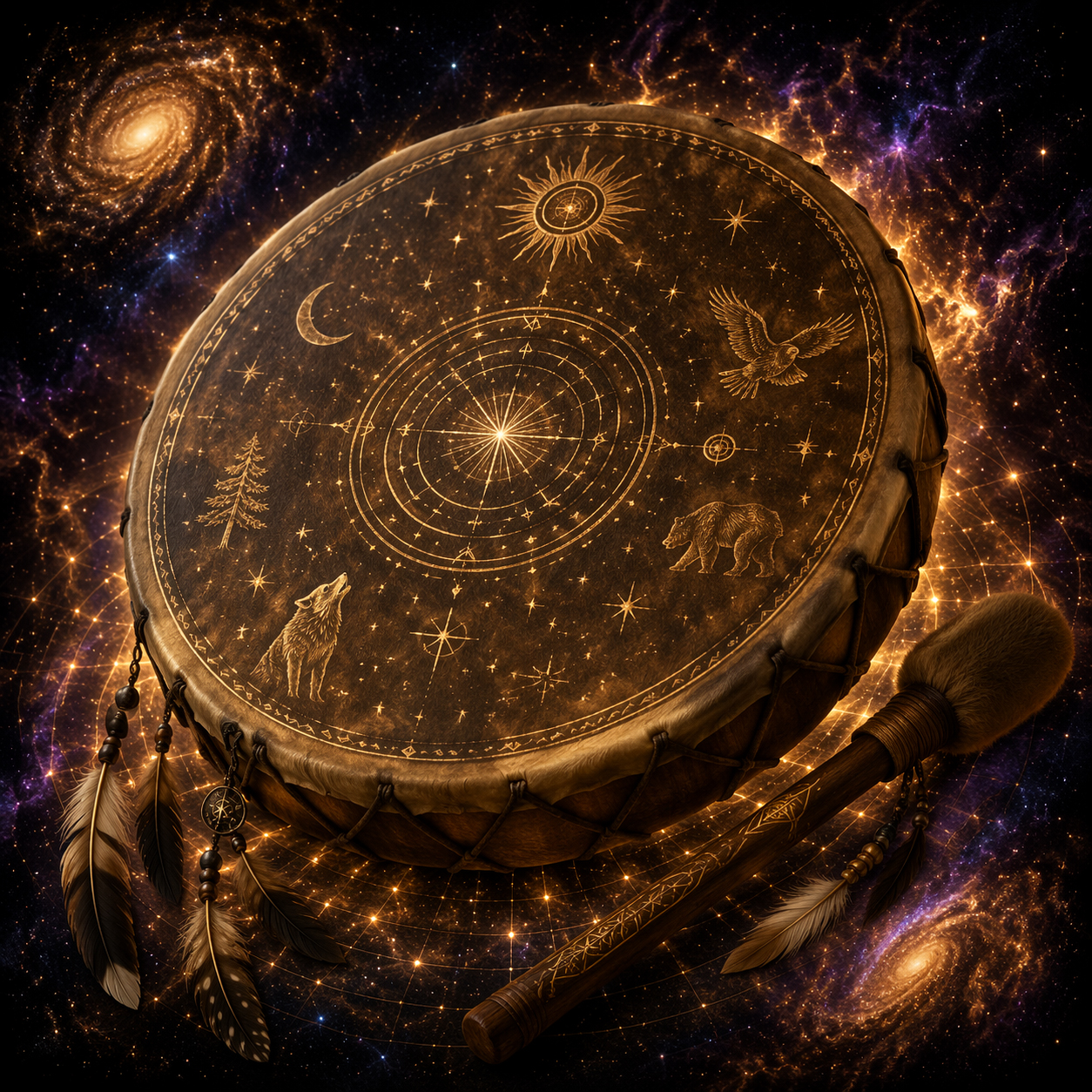 Shamanic frame drum with golden spirit animals and feathers