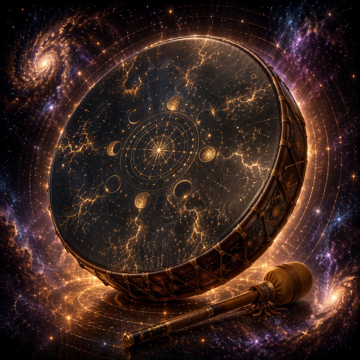 Large dark drum with golden lightning across its head