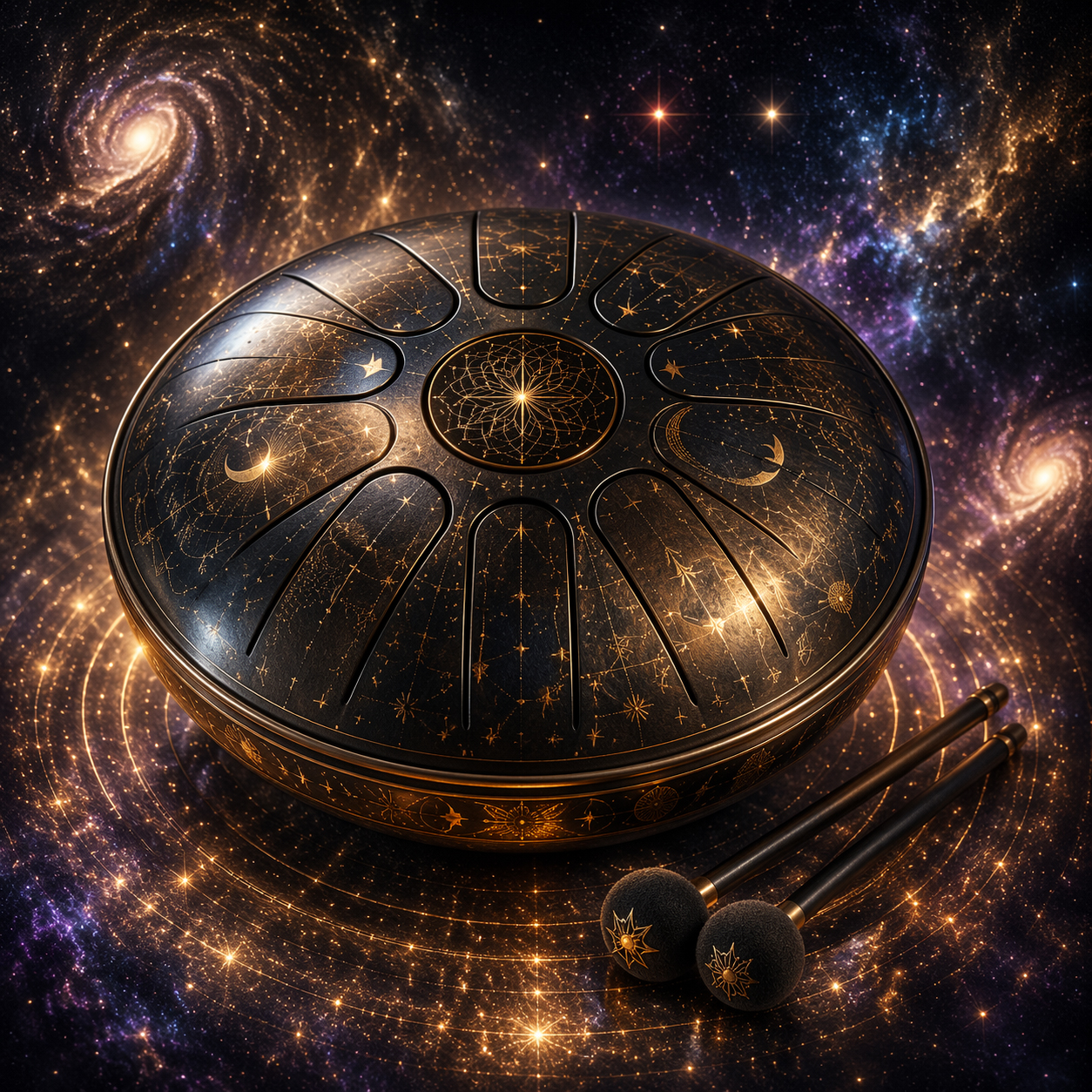 Black steel tongue drum engraved with golden constellations, seen from above