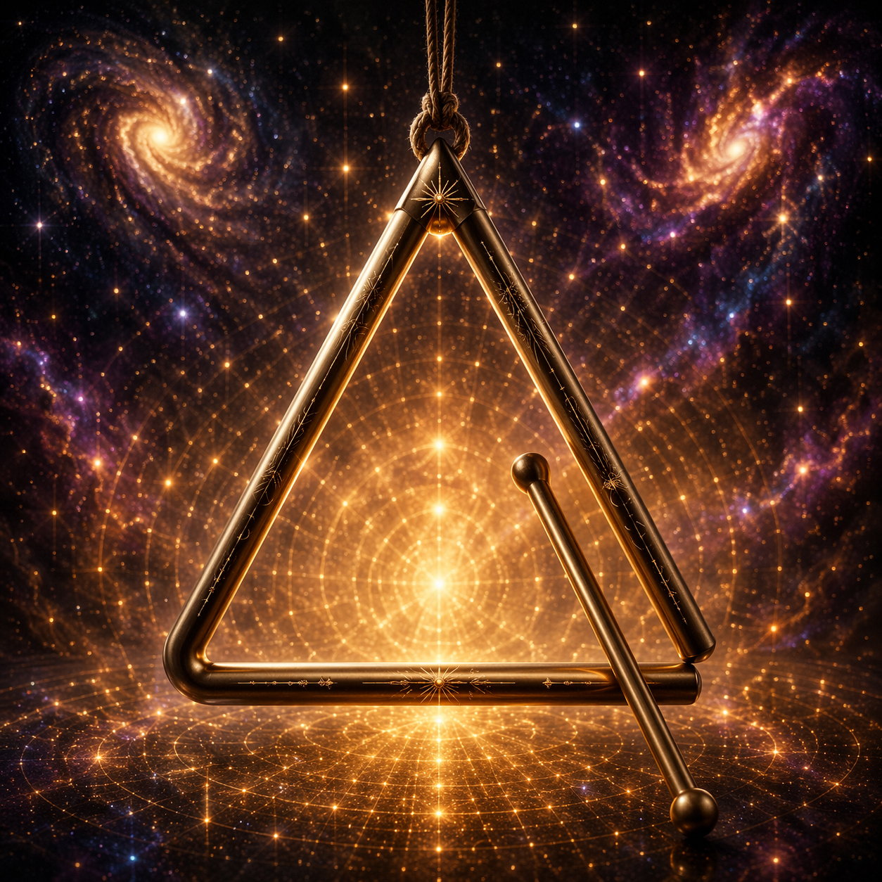 Golden orchestral triangle with beater, hanging among galaxies